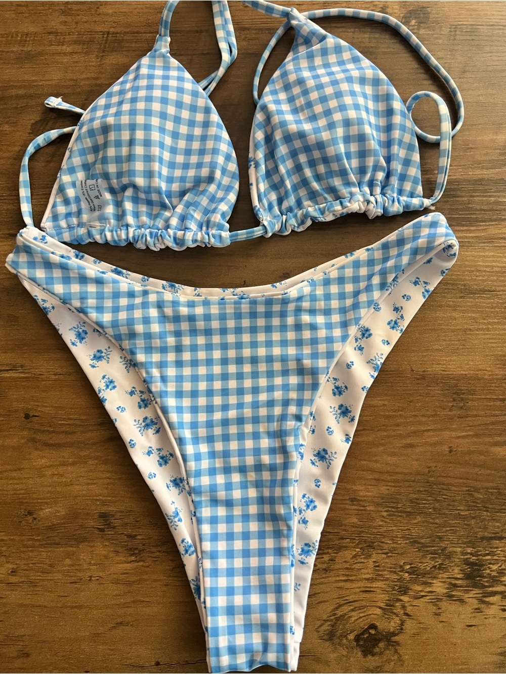 Blue Floral Reversible Triangle Halter Bikini Set - Picture 4 of 10